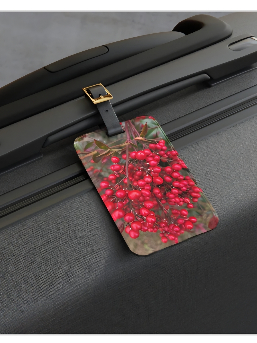 Red Berry Print Luggage Tag with Black Strap